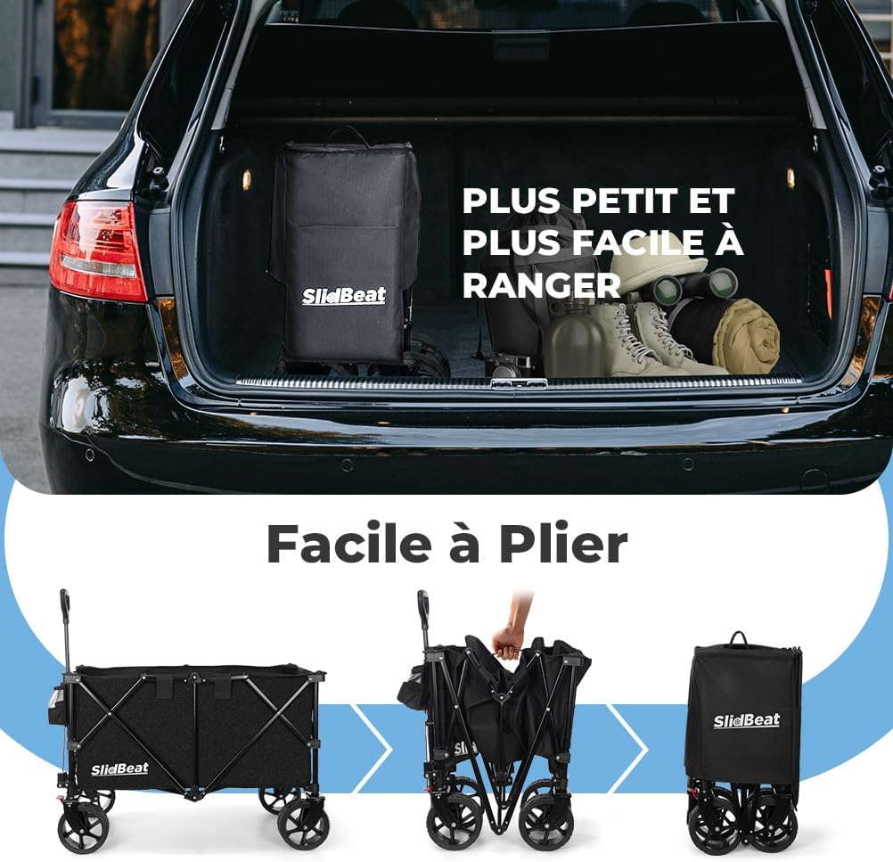 SLIDBEAT Chariot de Plage 220L 200kg, Chariot de Transport Pliable avec Roues Pivotantes à 360°