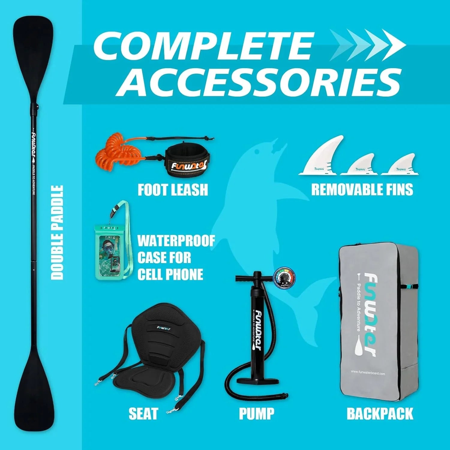 Planche de stand up paddle gonflable FunWater avec accessoires de pagaie SUP haut de gamme, pont EVA antidérapant, pagaie 11'/10'6'