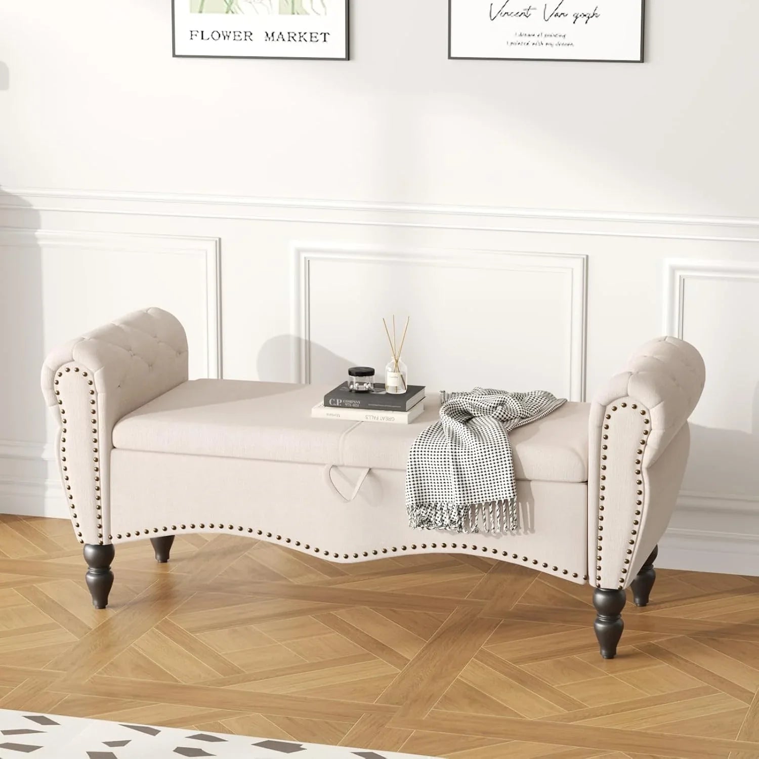 Tabouret de rangement moderne Furniliving, tabouret de bout de lit en bois massif Sherpa, tabouret rembourré tabouret d'intérieur