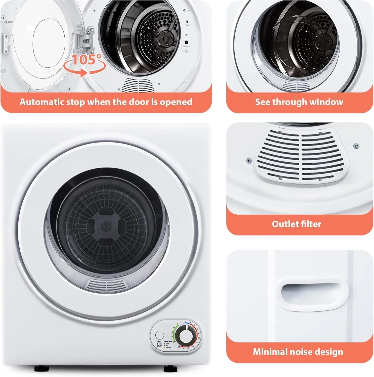 Sèche-linge compact, 3,5 pieds cubes, chargement frontal, acier inoxydable, avec tuyau d'évacuation, 1500 watts, panneau de commande LCD, sèche-linge portable à quatre fonctions