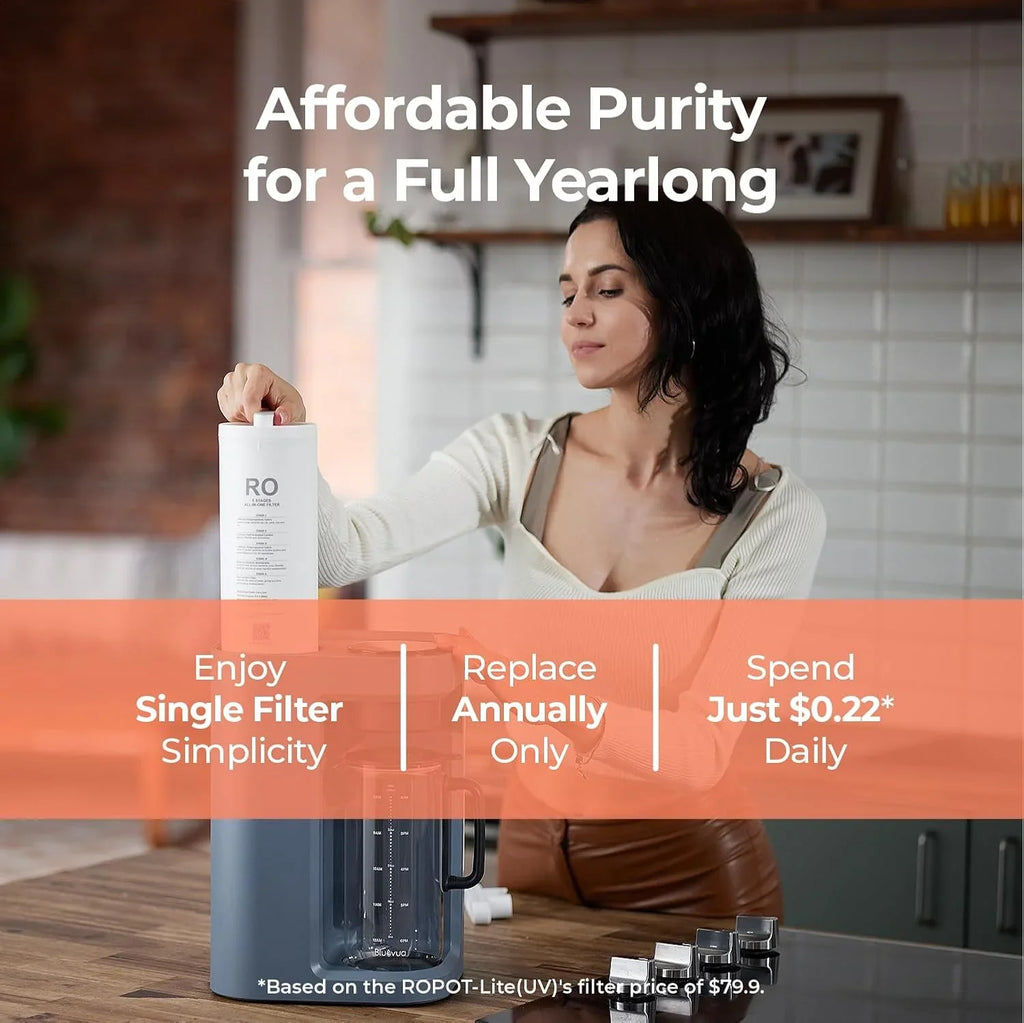 Système d'osmose inverse Bluevua RO100ROPOT-Lite (UV), purificateur d'eau de comptoir, purification en 7 étapes, avec fonctions UV et de reminéralisation, surveillance du TDS et de la durée de vie du filtre