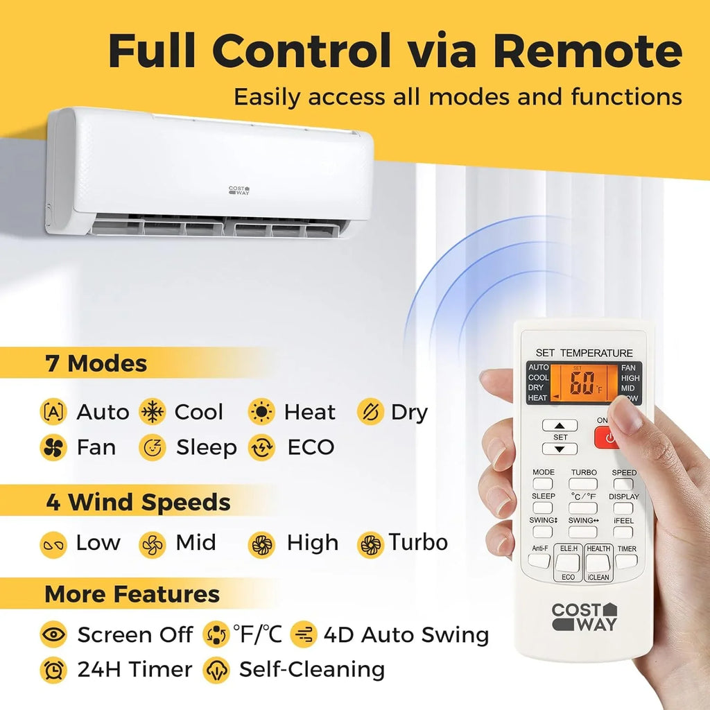 Climatiseur et chauffage mini-split Costway 12 000 BTU, 20 SEER2 115 V, unité de climatisation murale sans conduit, refroidit les pièces jusqu'à 750 pi²