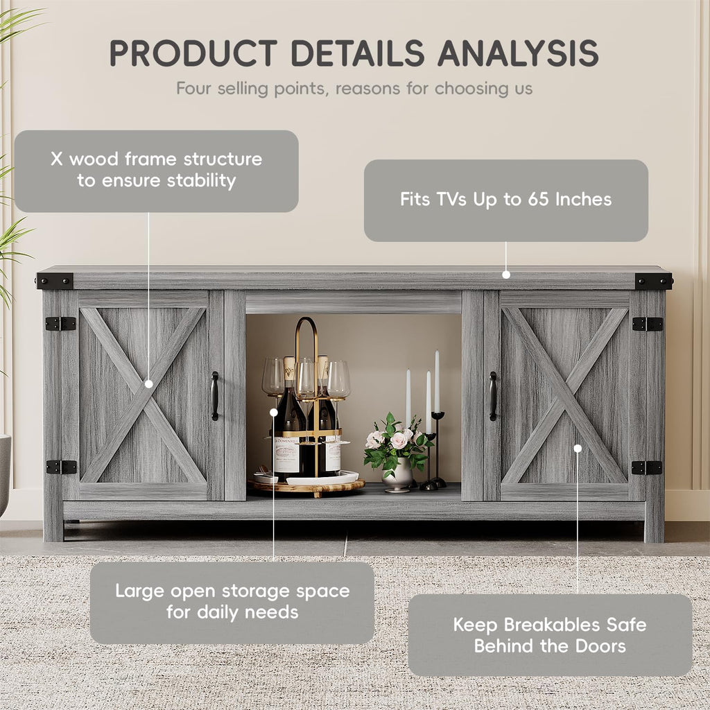 YESHOMY Meuble TV avec cheminée et deux portes de grange, armoires de rangement pour téléviseurs jusqu'à 65 pouces et plus, console de divertissement, meuble multimédia pour salon, 58 pouces
