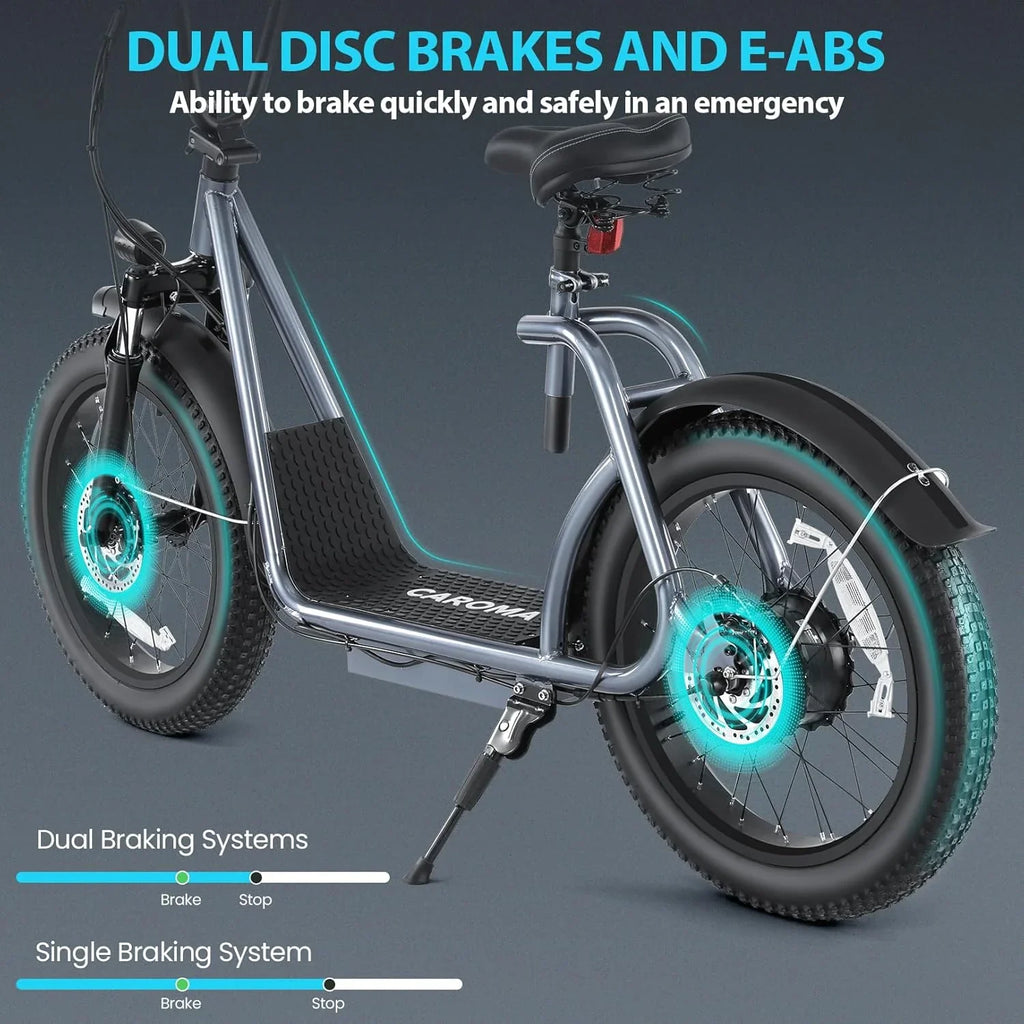 Trottinette électrique pliable Caroma Peak 800 W pour adulte avec pneus de 20 pouces de large, batterie 48 V, panier et siège réglable.