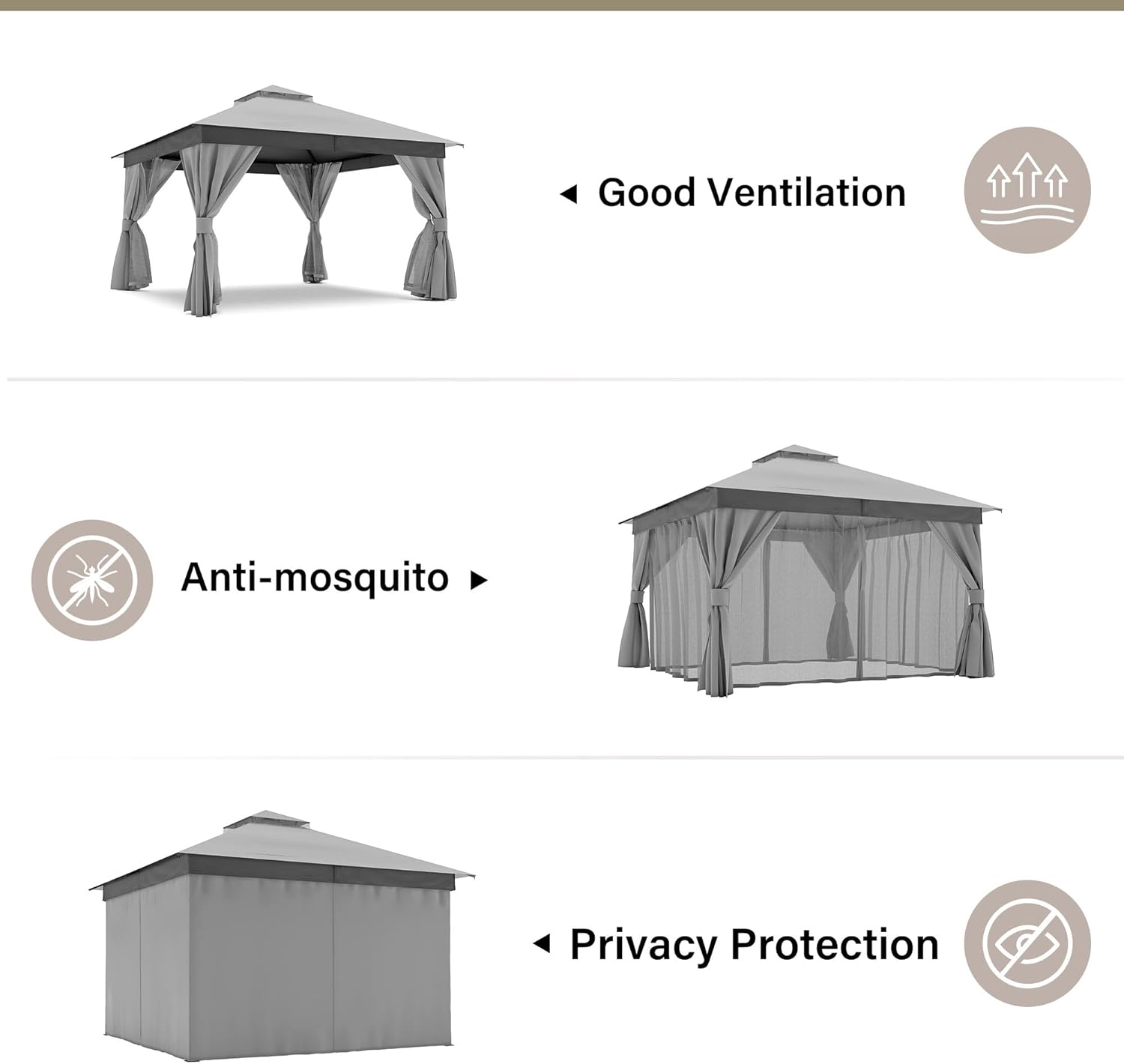 Tente pavillon d'extérieur améliorée à double toit, auvent imperméable UV50+ avec filet et crochets