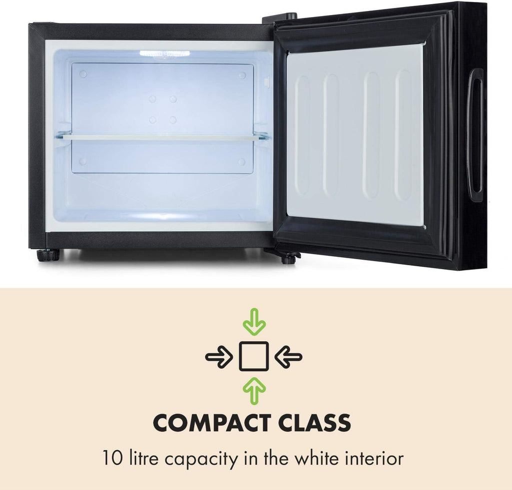KLARSTEIN Frosty - Mini-réfrigérateur, Capacité de 10 litres, Compact, Eclairage intérieur LED blanc, 12 et 18 °C, Clayette en verre, Elégante porte, Nettoyage facile, Noir