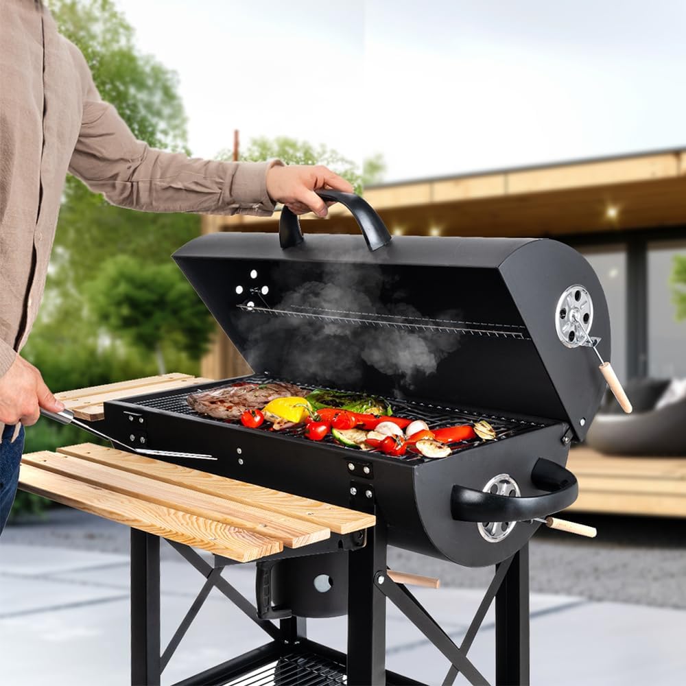 LEHMANN XL Houtskoolbarbecue met twee houten roosters, deksel, wielen en een handvat dat niet verhit wordt. Houtskoolbarbecue voor tuin, terras en camping. 