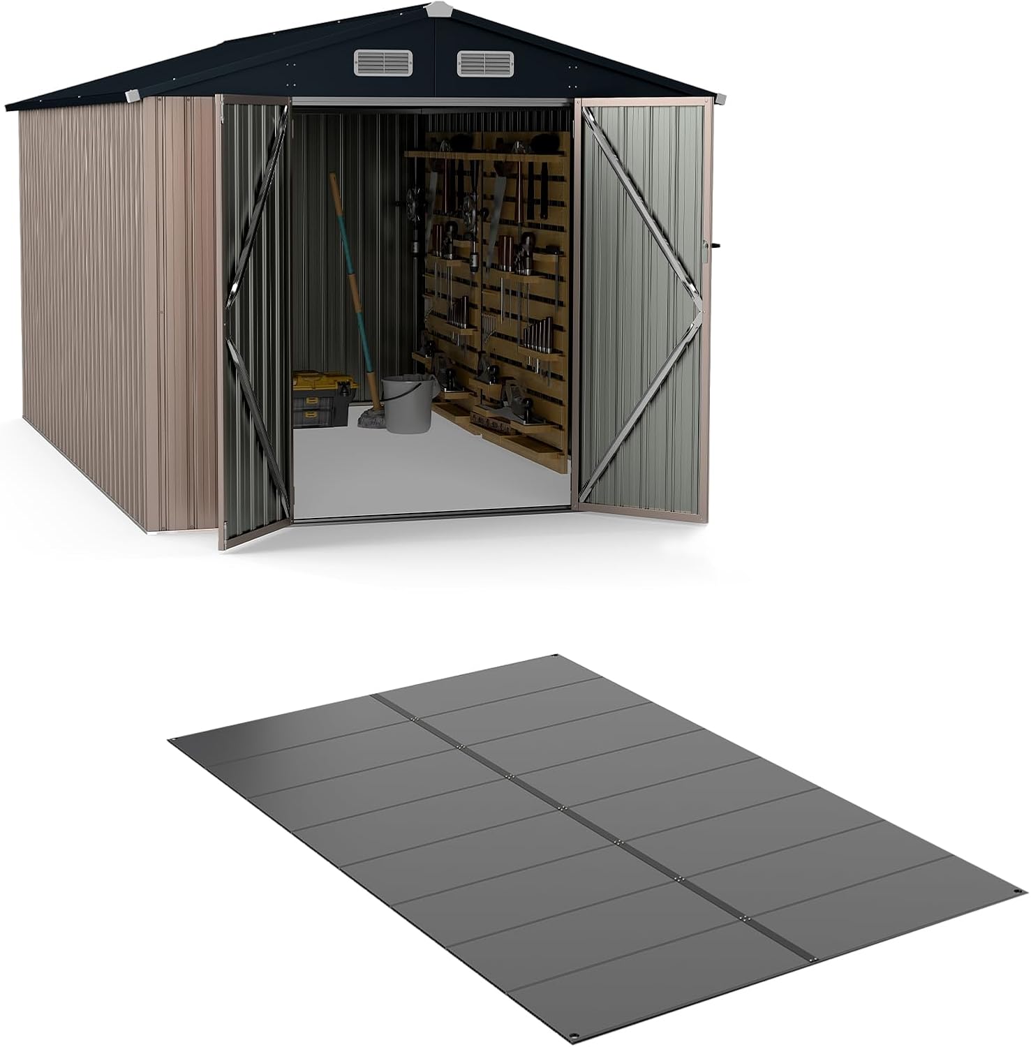 Abri de jardin en métal Costway, 7,8 m², toit à double pente, porte double verrouillable avec clé, 4 aérations, abri de jardin extérieur pour vélo, poubelle, outils, anthracite (7,8 m²)