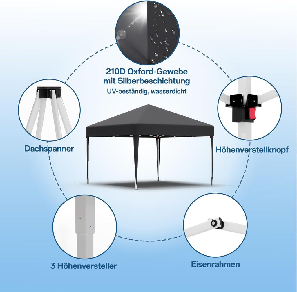 JUMMICO Waterdichte opvouwbare tuinpaviljoen, tuinpaviljoen voor buiten, in hoogte verstelbaar, Barnum UV50+, paviljoen voor kamperen, festivals, strand, tuinen 
