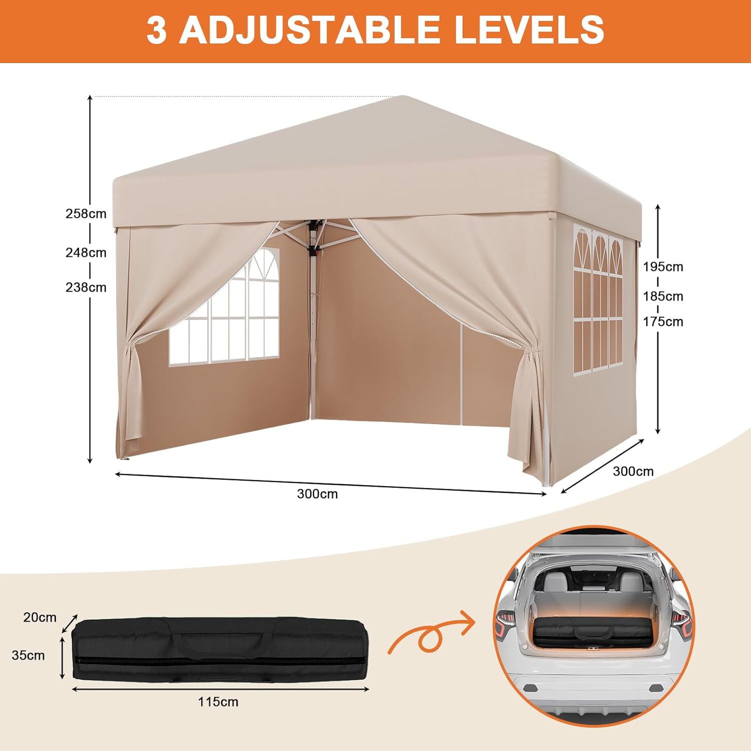 JUMMICO Waterdichte opvouwbare tuinpaviljoen, tuinpaviljoen voor buiten, in hoogte verstelbaar, Barnum UV50+, paviljoen voor kamperen, festivals, strand, tuinen 