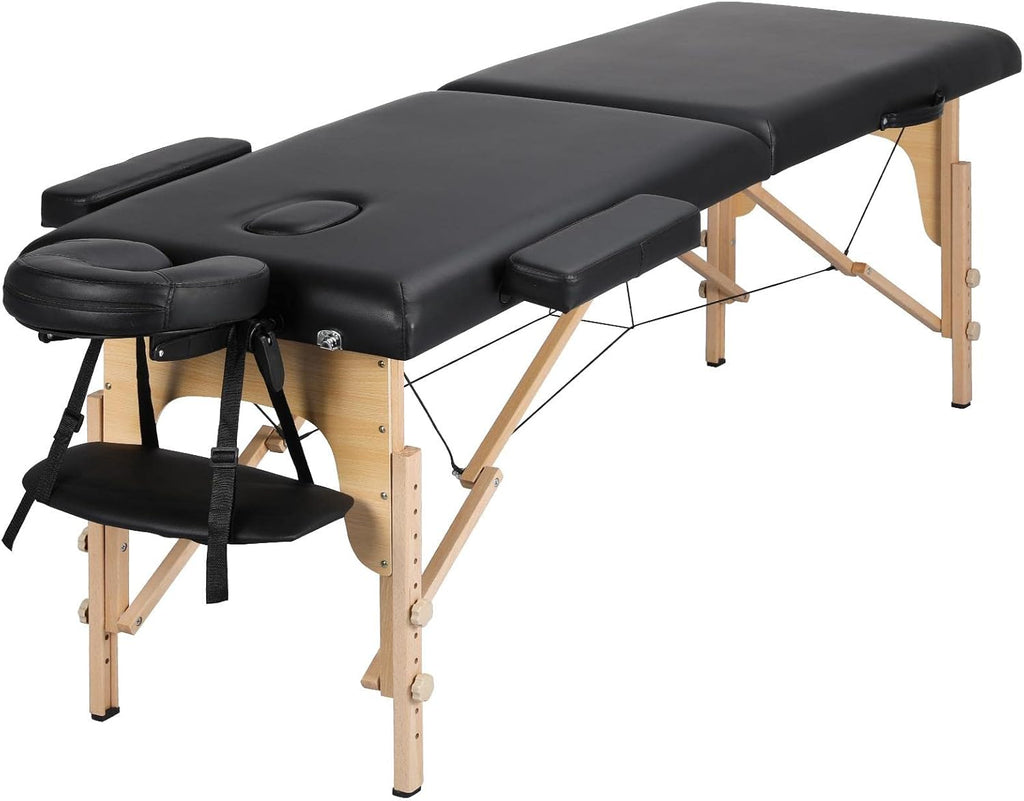 Yaheetech Table de Massage Pliante 70 cm Lit de Massage Professionnel en 2 Sections Table en Bois Massif Canapé Thérapie Cosmétique Noir