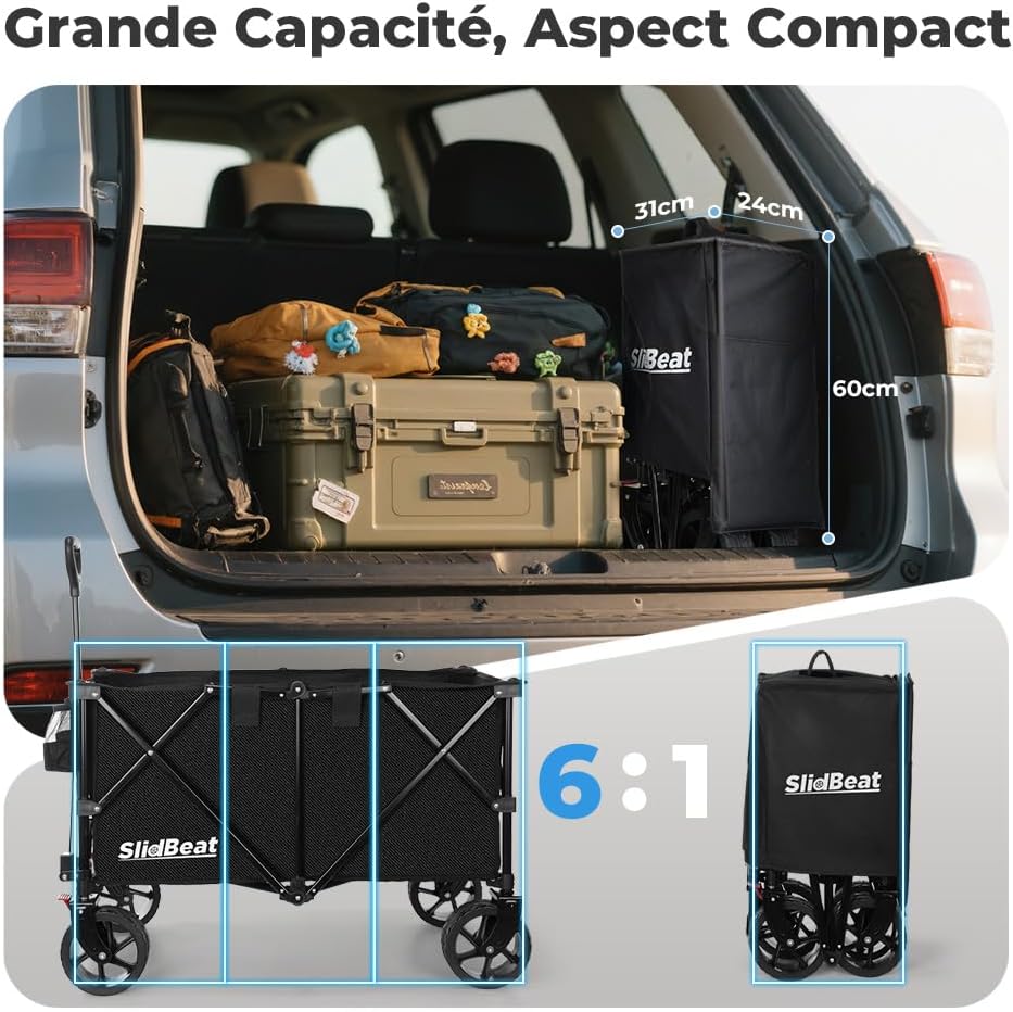 SLIDBEAT Chariot de Plage 220L 200kg, Chariot de Transport Pliable avec Roues Pivotantes à 360°