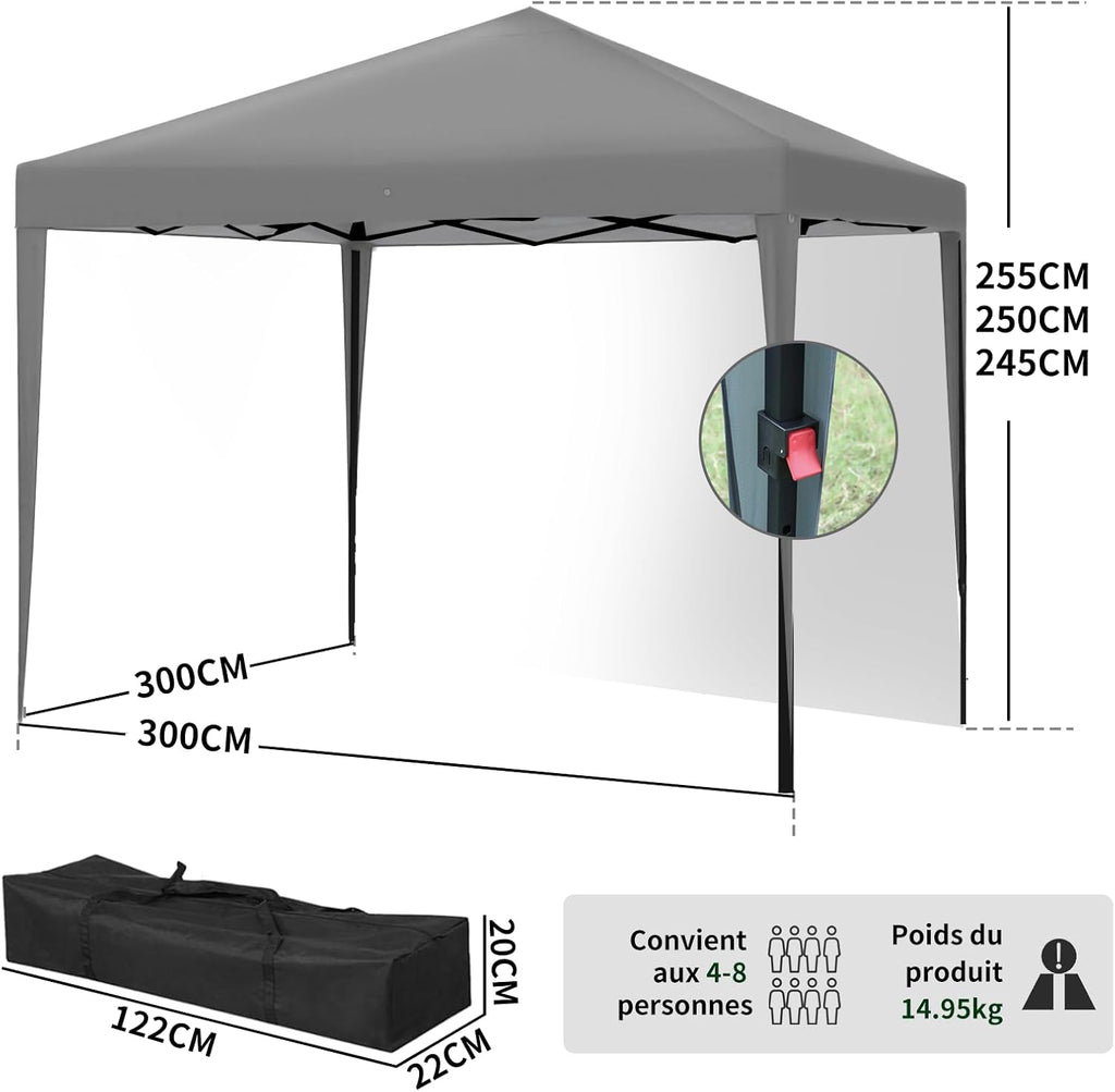 ISE opvouwbare partytent, 3x3 opvouwbare partytent met gordijnen, tuinpaviljoen, in hoogte verstelbare opvouwbare partytent, 3x3 tent, tuinpaviljoen met UV50+ bescherming, duurzame campingpartytenten 