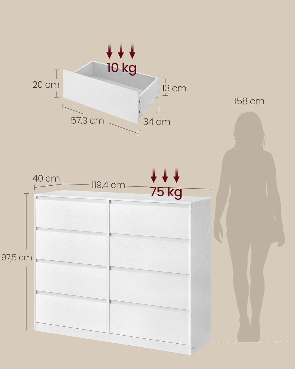 VASAGLE Kailyn Collection - Commode de Chambre à Coucher Armoire de Rangement 6 Tiroirs