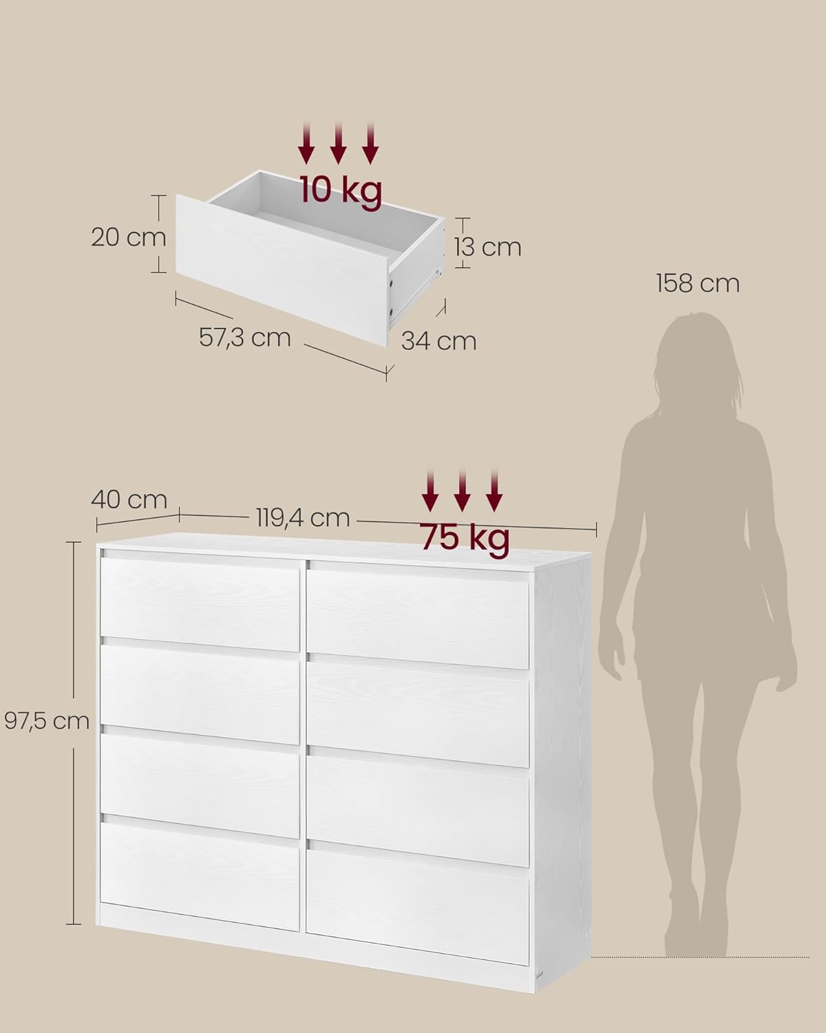 VASAGLE Kailyn Collection - Commode de Chambre à Coucher Armoire de Rangement 6 Tiroirs