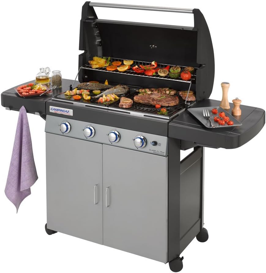 Barbecue à gaz Campingaz Classe 4 L Plus, 4 brûleurs, puissance 12,8 kW, système de nettoyage facile InstaClean, grille et plaque de cuisson en fonte double émaillée, 2 étagères latérales