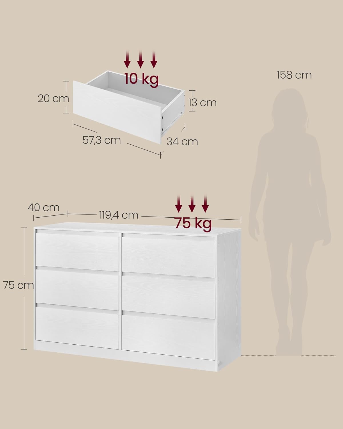 VASAGLE Kailyn Collection - Commode de Chambre à Coucher Armoire de Rangement 6 Tiroirs