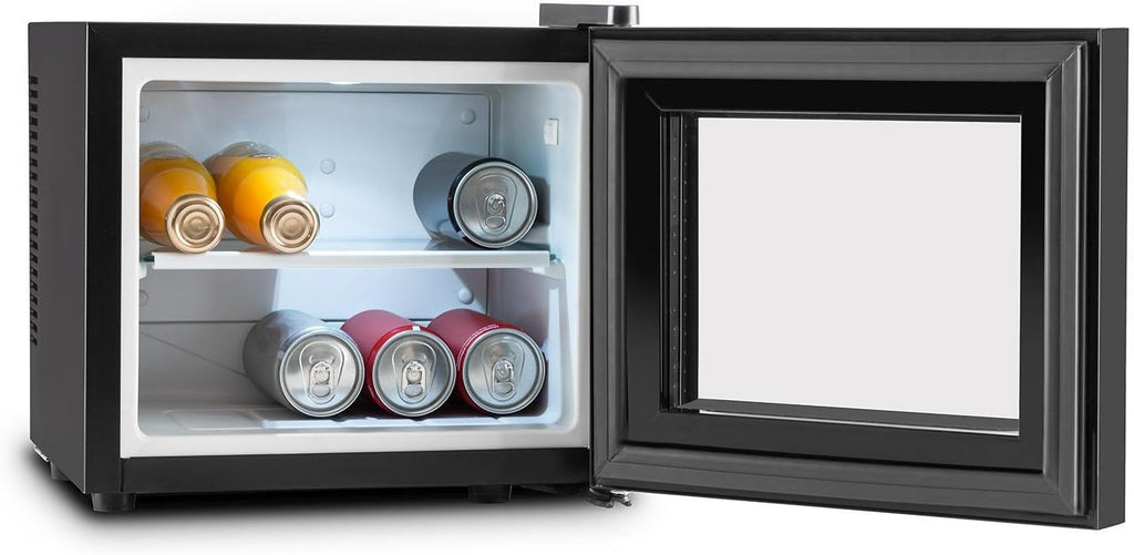 KLARSTEIN Frosty - Mini-réfrigérateur, Capacité de 10 litres, Compact, Eclairage intérieur LED blanc, 12 et 18 °C, Clayette en verre, Elégante porte, Nettoyage facile, Noir