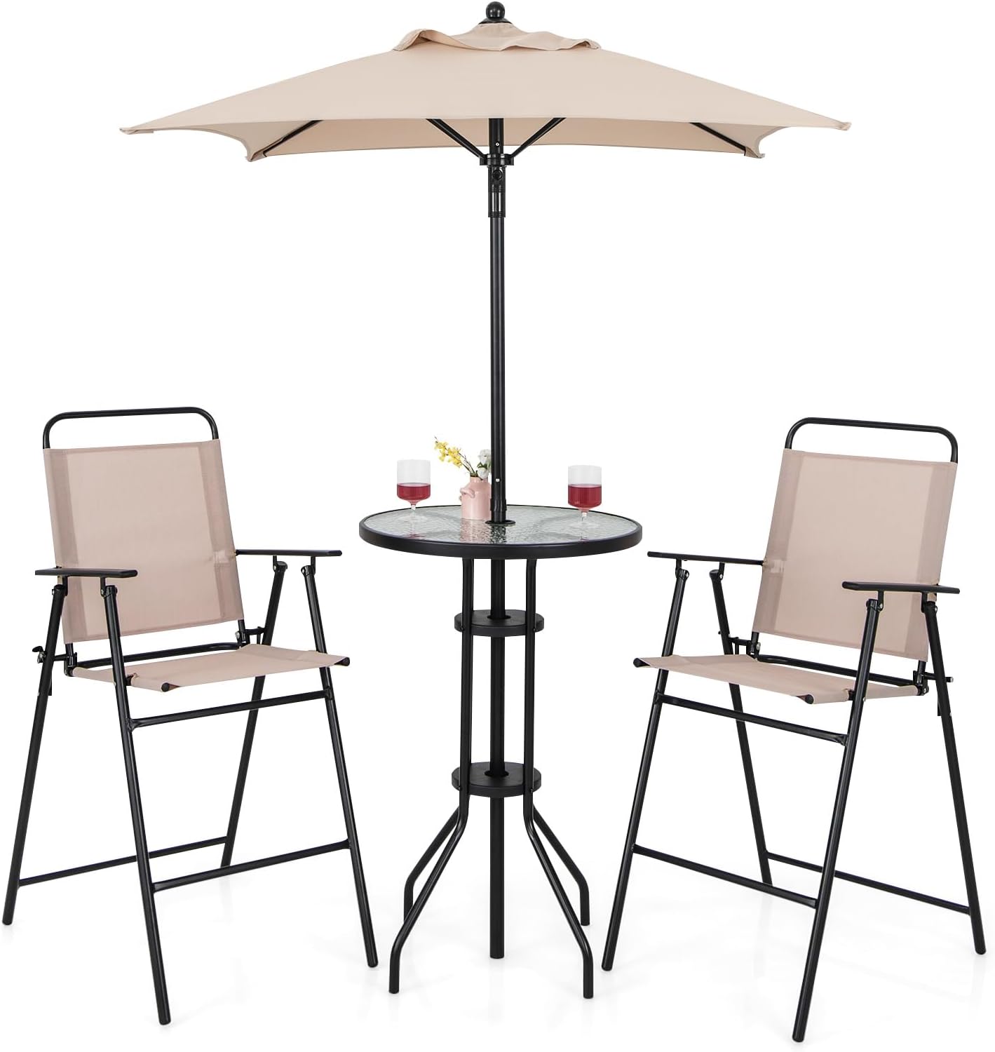 Ensemble bistrot KOMFOTTEU, salon de jardin avec parasol, table avec trou pour parasol, 2 chaises pliantes, ensemble table et chaises de patio, mobilier d'extérieur pour balcon
