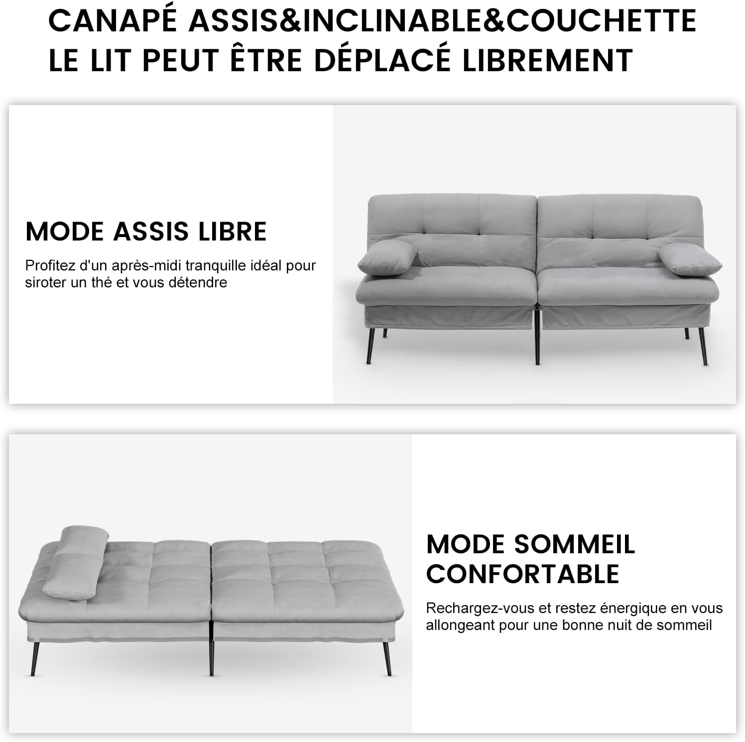 COMHOMA Slaapbank met slaapfunctie - Omvormbare futonhoes - Hoekbank - 3-zits gastenbank - met verstelbare stoffen rugleuning - Grijs 