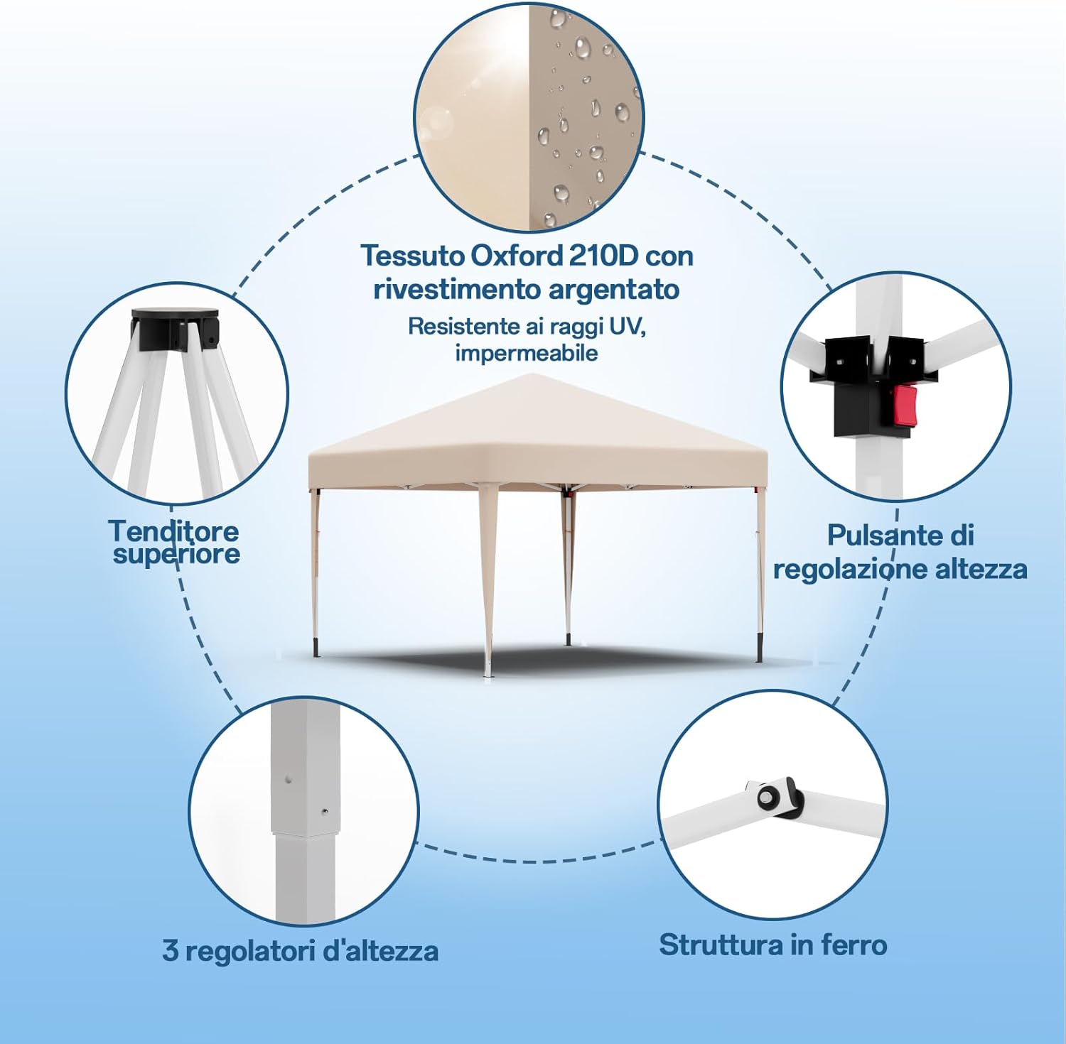 JUMMICO Waterdichte opvouwbare tuinpaviljoen, tuinpaviljoen voor buiten, in hoogte verstelbaar, Barnum UV50+, paviljoen voor kamperen, festivals, strand, tuinen 