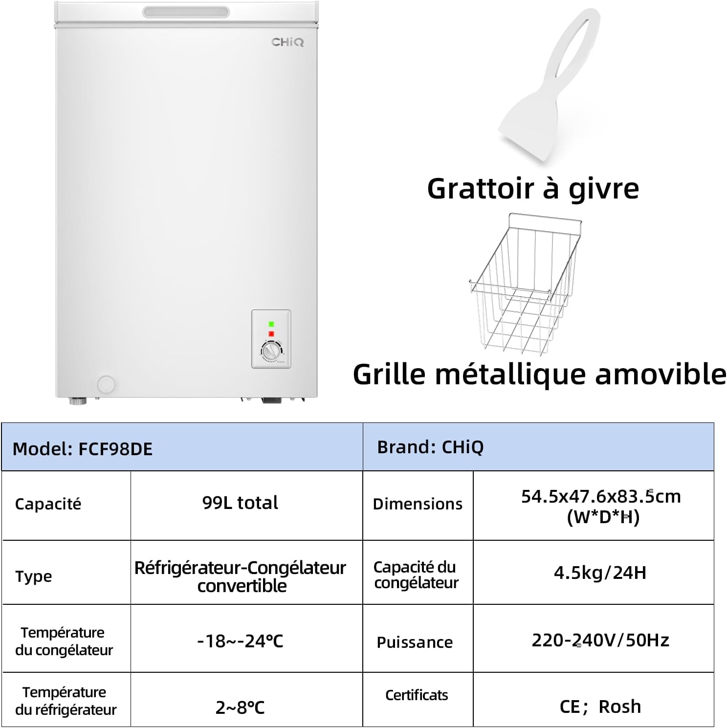 Congélateur vertical 99 L 54,5 x 47,6 x 83,5 cm Design compact Congélation 4 étoiles Contrôle constant de la température