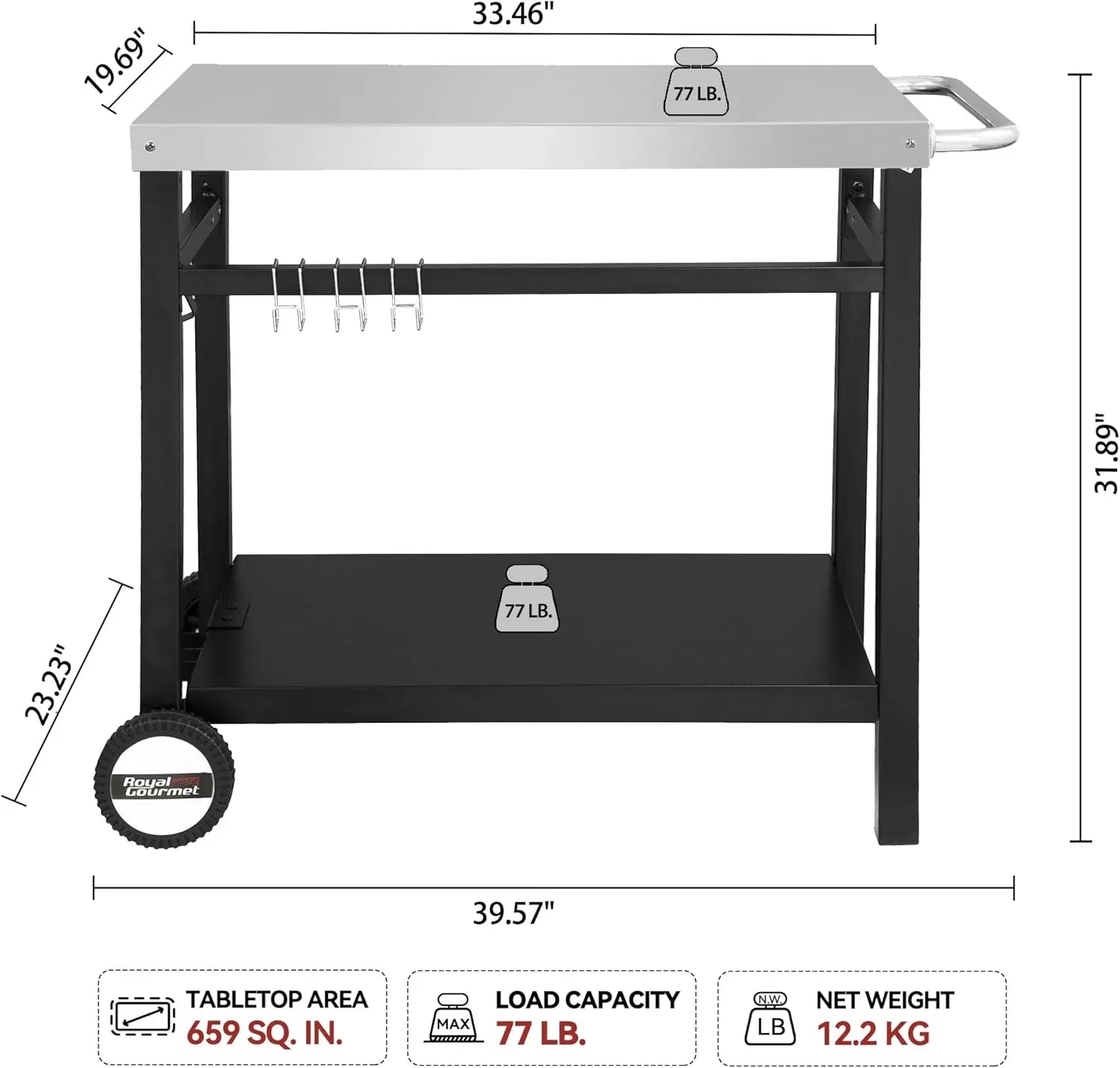 Table à manger Royal Gourmet avec double étagères, chariot de barbecue mobile en acier inoxydable, crochets et poignées latérales