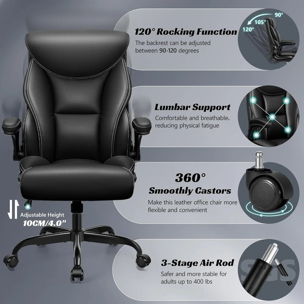 Chaise de bureau pivotante à pieds hauts, en cuir respirant, avec support lombaire