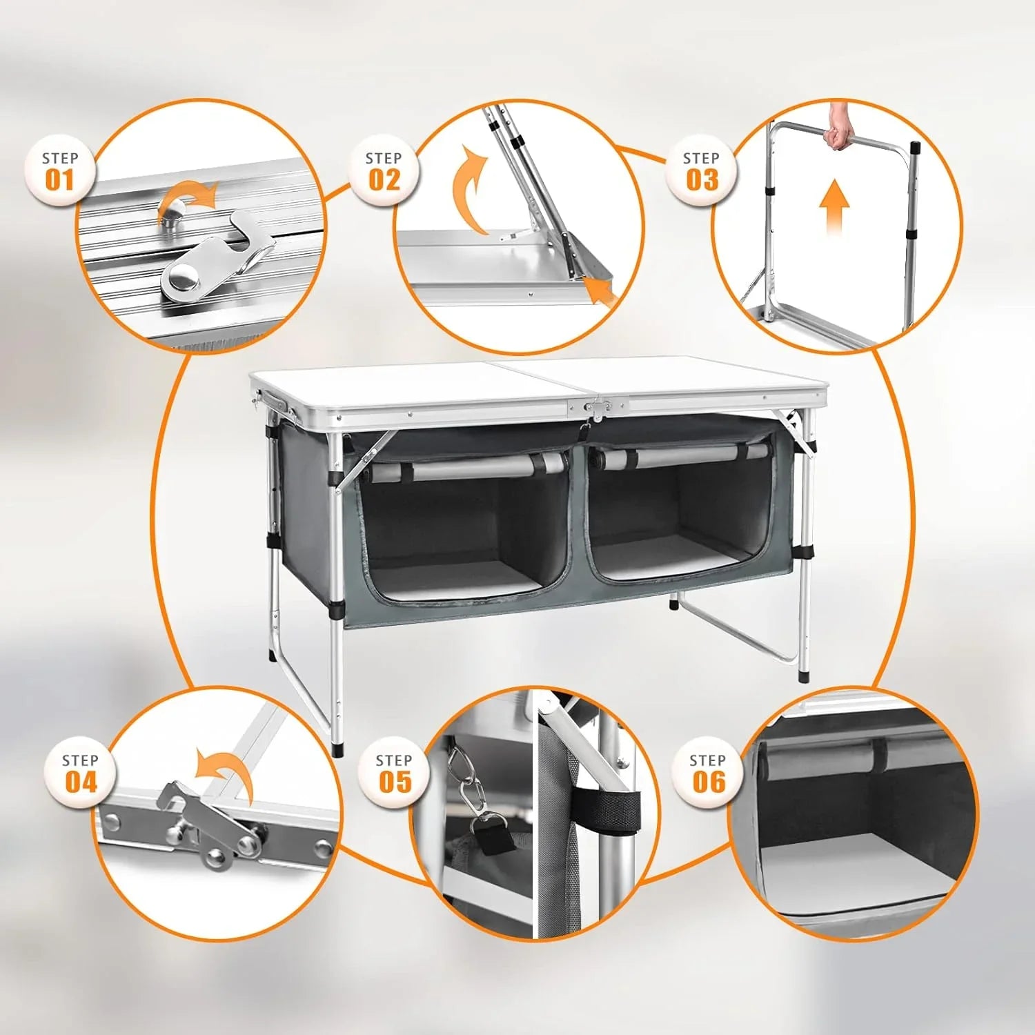Table pliante d'extérieur en aluminium, légère, réglable en hauteur, avec rangement, pour barbecue, fête, camping