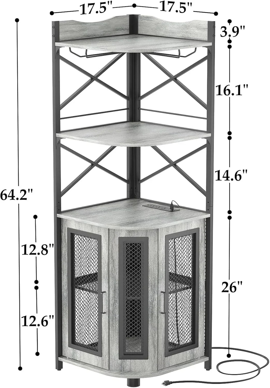 Meuble bar d'angle avec prise de courant, armoire à vin de style industriel avec bande lumineuse LED et support à verres, meuble bar à vin à cinq niveaux pour la maison, vitrine d'angle pour petit espace