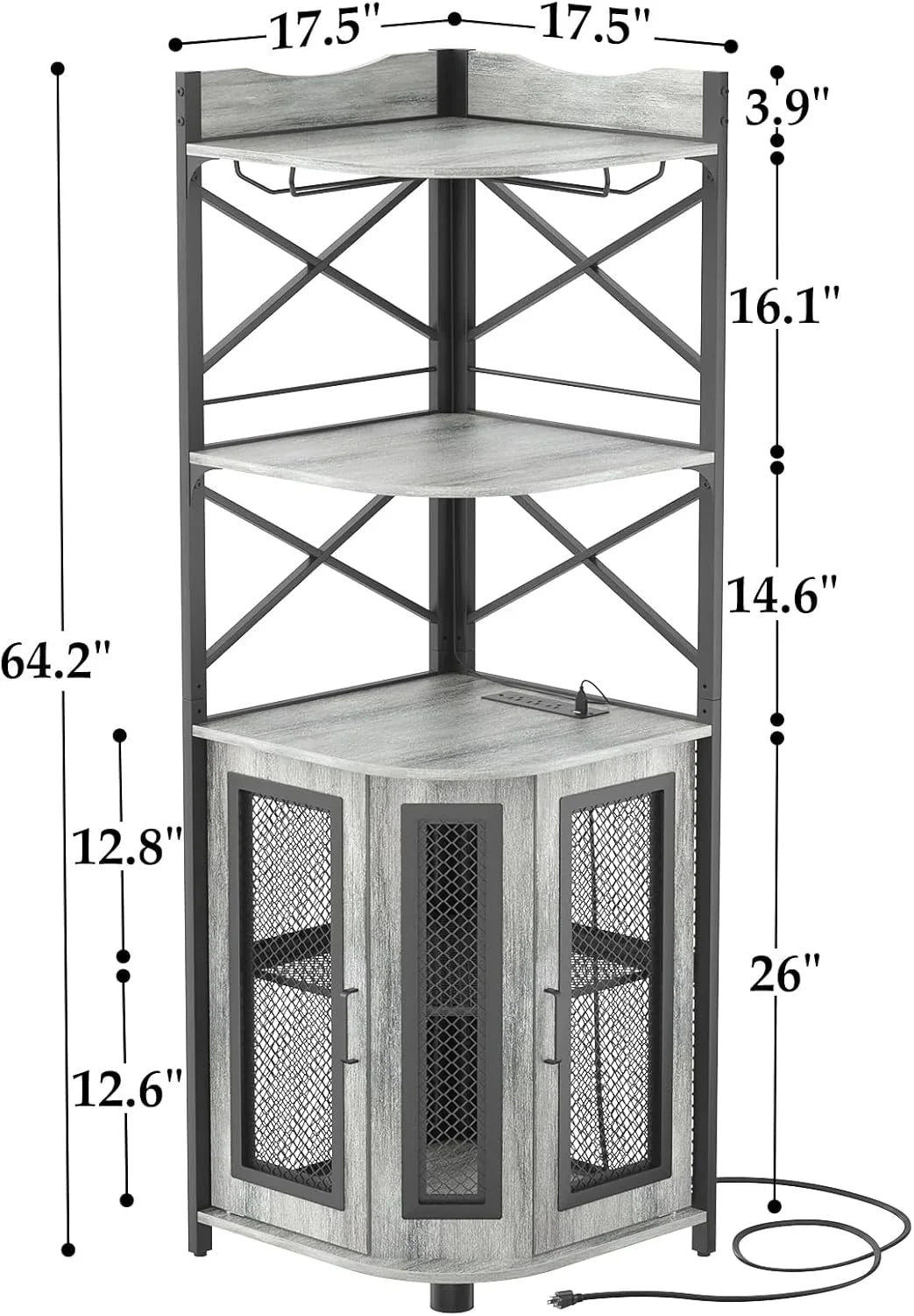 Meuble bar d'angle avec prise de courant, armoire à vin de style industriel avec bande lumineuse LED et support à verres, meuble bar à vin à cinq niveaux pour la maison, vitrine d'angle pour petit espace