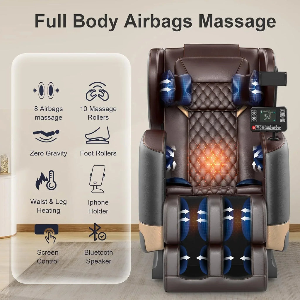 Fauteuil de massage complet, fauteuil de massage à gravité zéro avec 10 rouleaux fixes, chauffage, massage des pieds