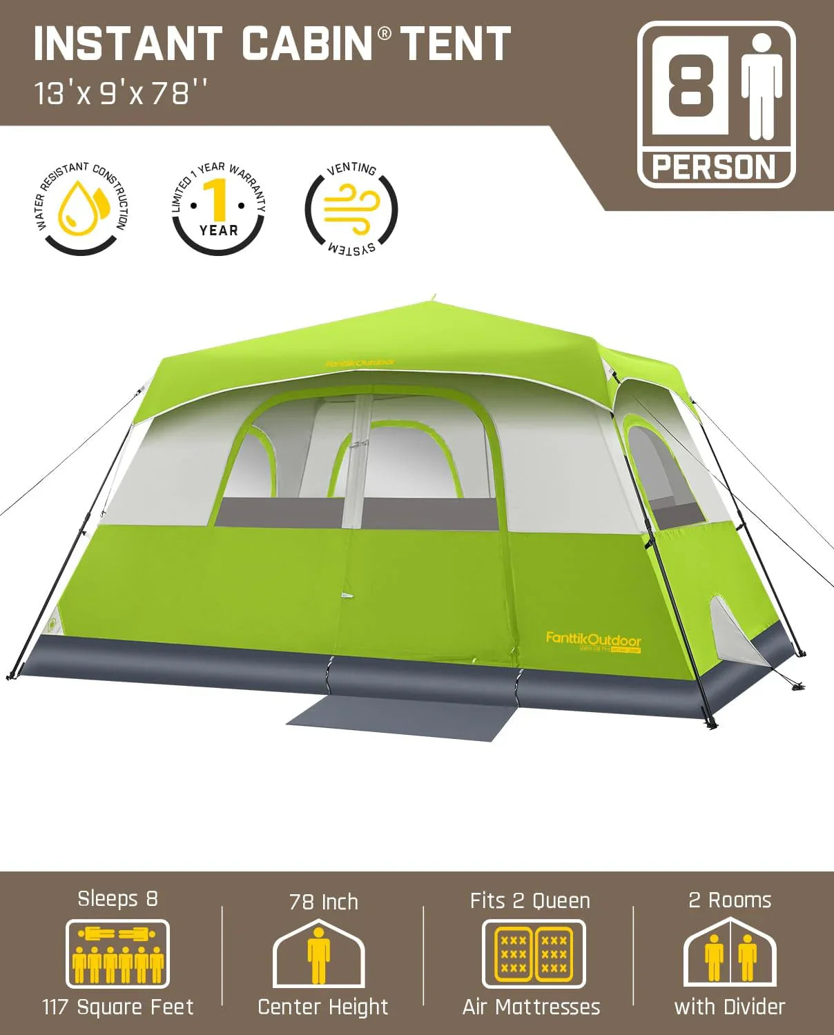 Tente de camping portable pour 4/6/8/10 personnes avec cabine instantanée et résistante à la pluie et au vent
