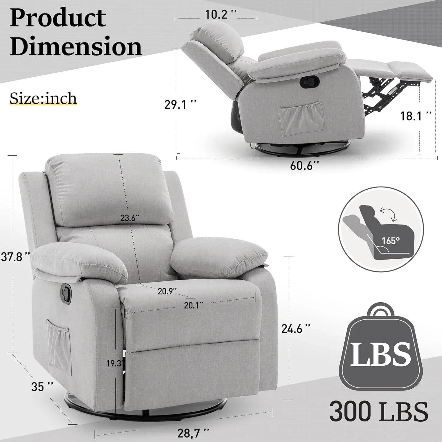 Fauteuil à bascule inclinable pivotant à 360 degrés en tissu coulissant
