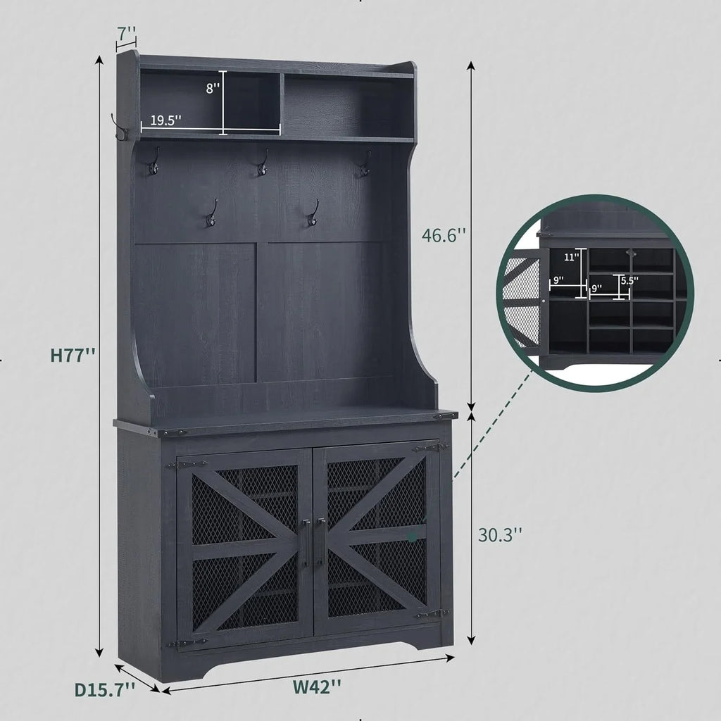 JXQTLINGMU Arbre de foyer de ferme de 59 pouces avec rangement pour chaussures, banc d'entrée, porte-manteau, armoire