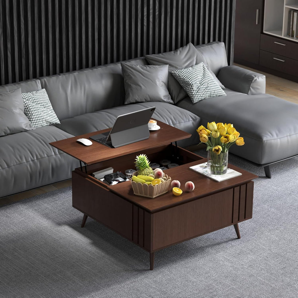 Table basse ronde avec rangement, table centrale encastrée avec portes coulissantes