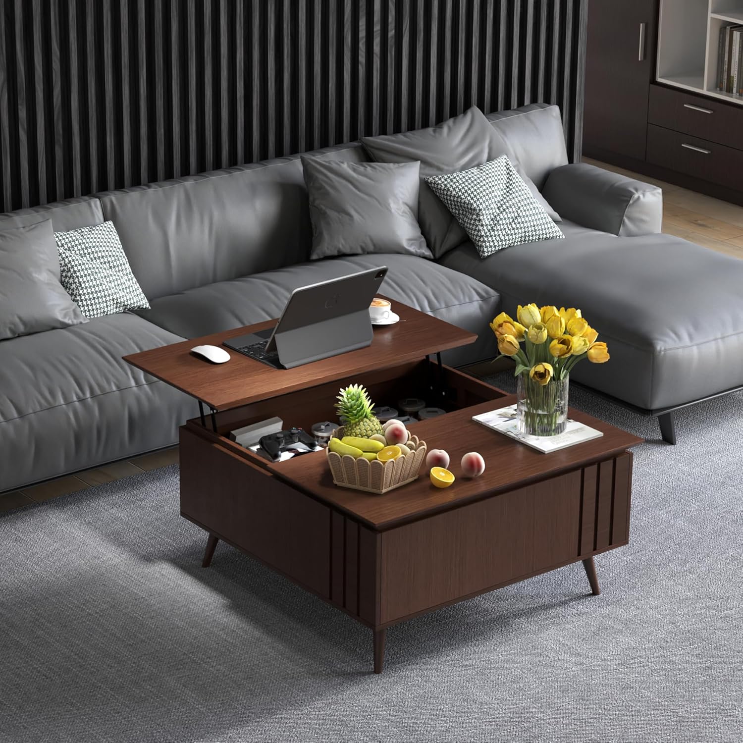 Table basse ronde avec rangement, table centrale encastrée avec portes coulissantes