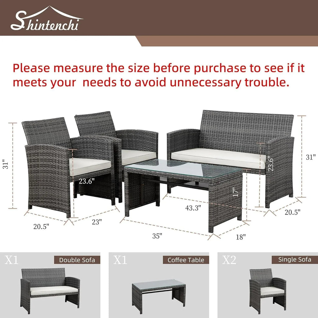 Ensemble de meubles de jardin en rotin Shintenchi 4 pièces, ensemble de conversation en osier