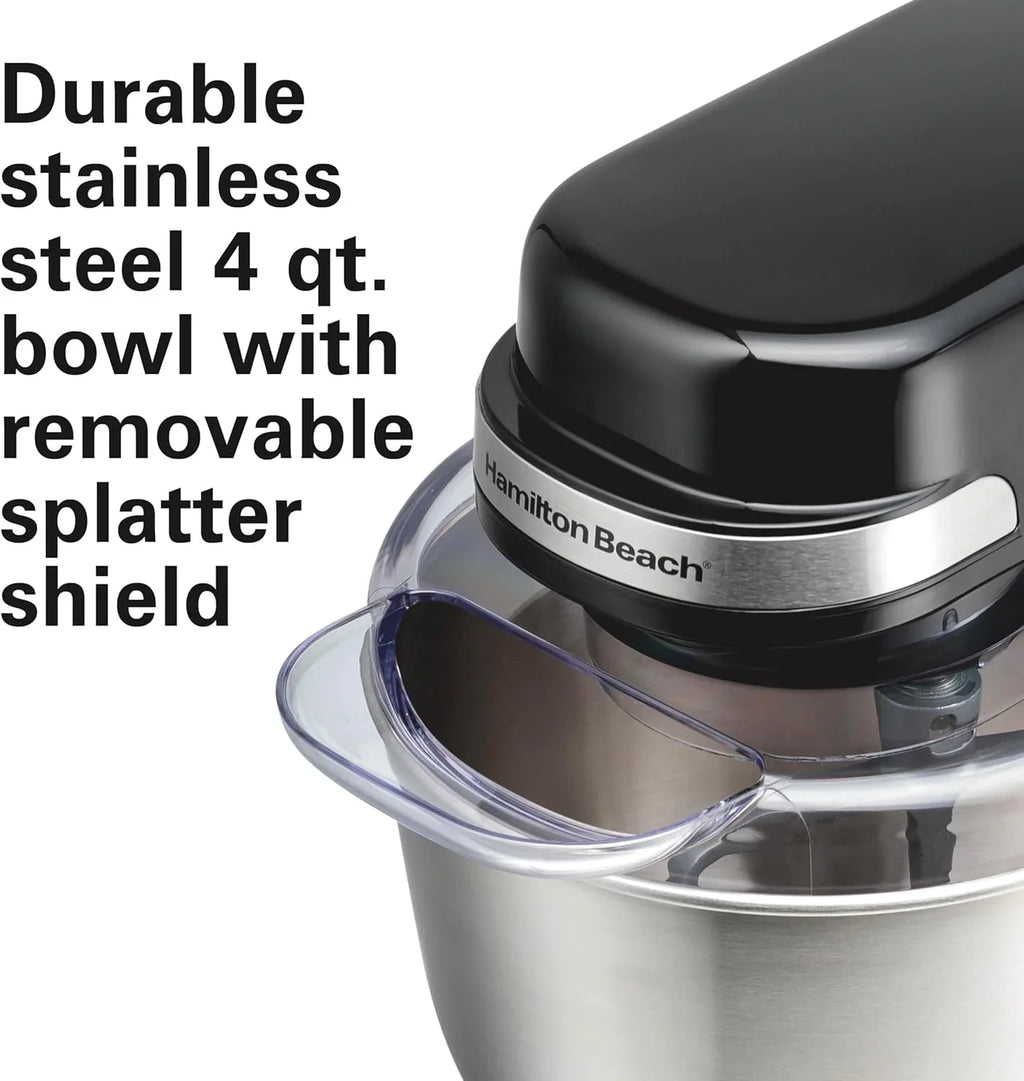 Batteur sur socle électrique Hamilton Beach, 4 litres, crochet pétrisseur, batteur plat, protection anti-éclaboussures, 7 vitesses avec fouet