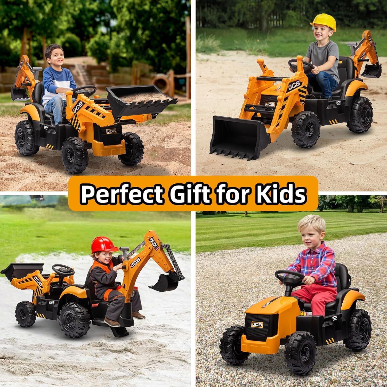 Pelleteuse autoportée JCB 12 V, jouet pour enfants de 4 à 8 ans, véhicule électrique pour enfants avec tracteur, bulldozer, bras de creusement et pelle rétrocaveuse.