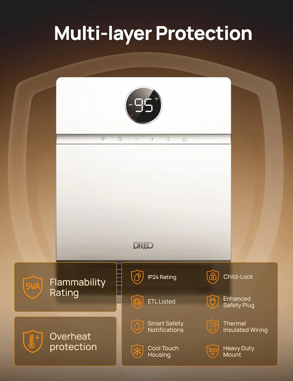 Chauffage mural intelligent pour usage intérieur avec thermostat réglable et télécommande