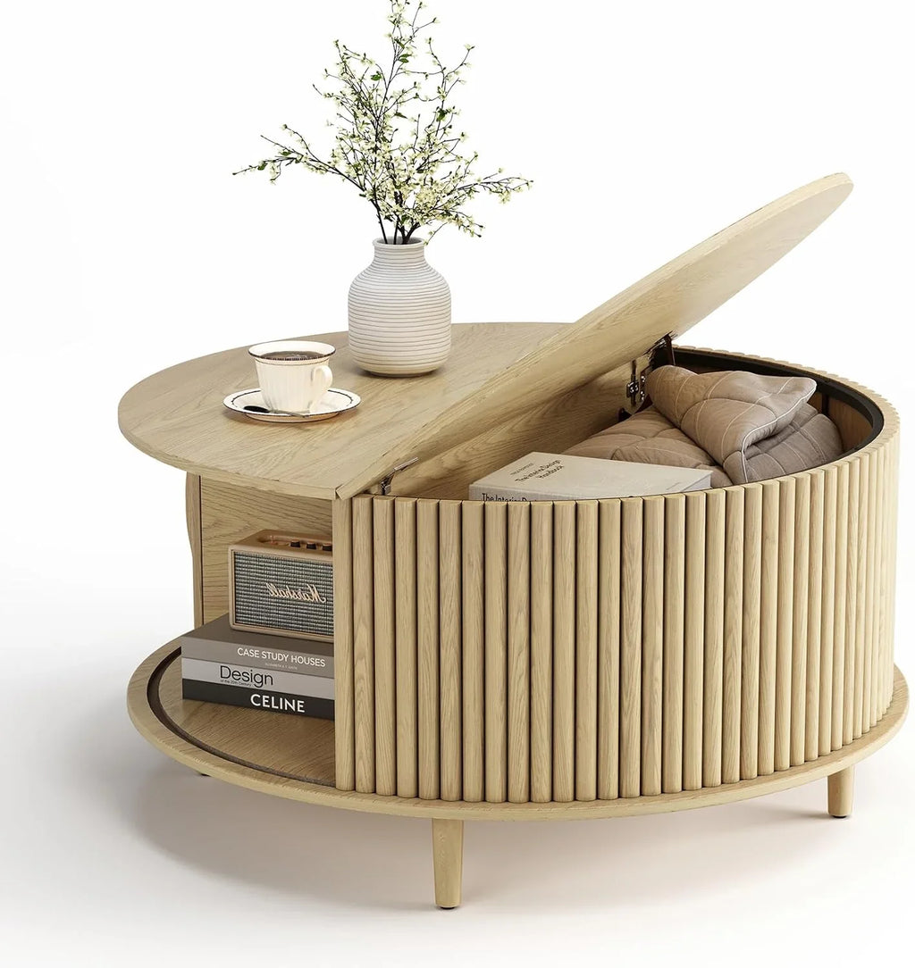Table basse ronde avec rangement, table centrale encastrée avec portes coulissantes