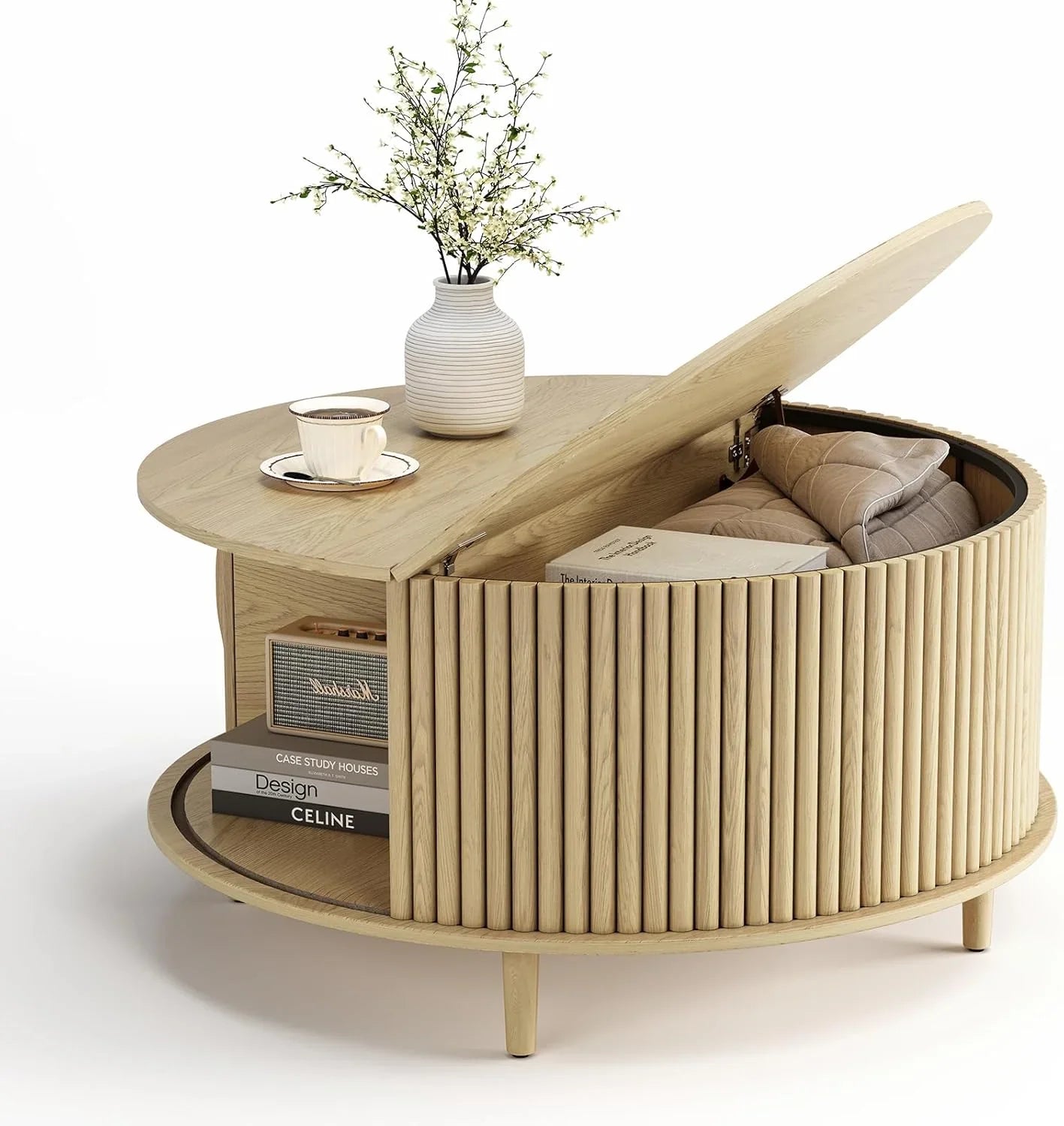 Table basse ronde avec rangement, table centrale encastrée avec portes coulissantes