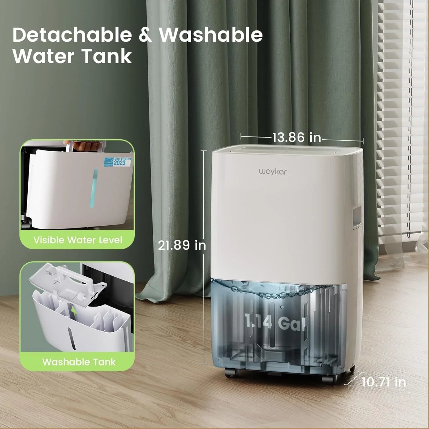Déshumidificateur Waykar de 2 000 pi² pour la maison et les sous-sols, avec drainage automatique ou manuel, réservoir d'eau de 0,66 gallon