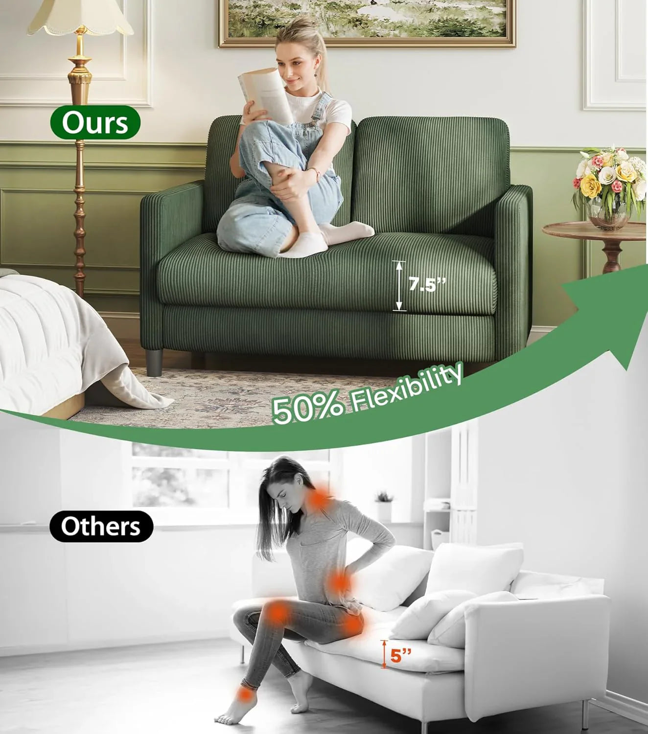 Causeuse de 51 pouces, causeuse confortable en velours côtelé