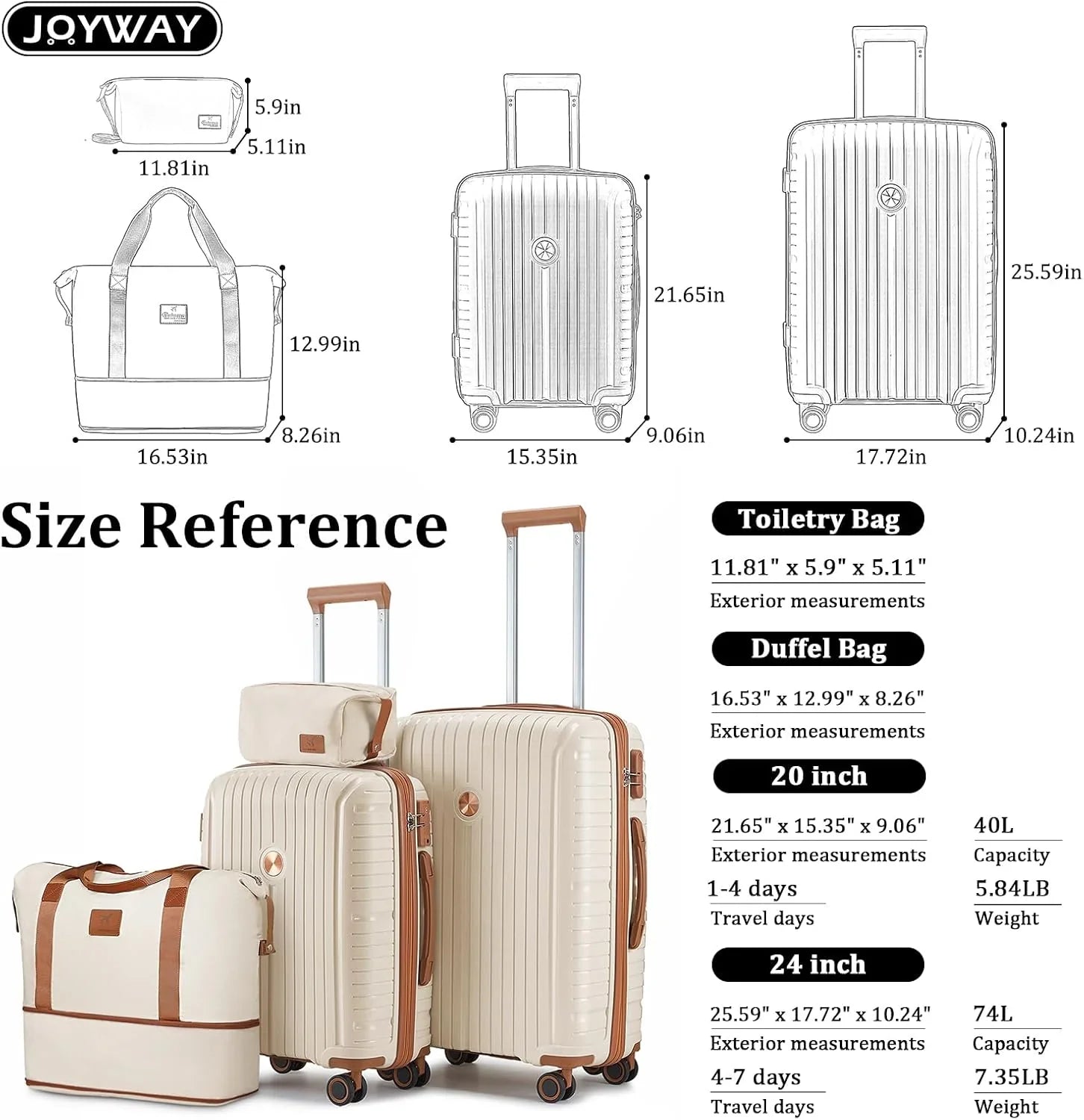 Ensemble de 5 valises de voyage légères à coque rigide en PP avec deux roulettes pivotantes et serrure TSA