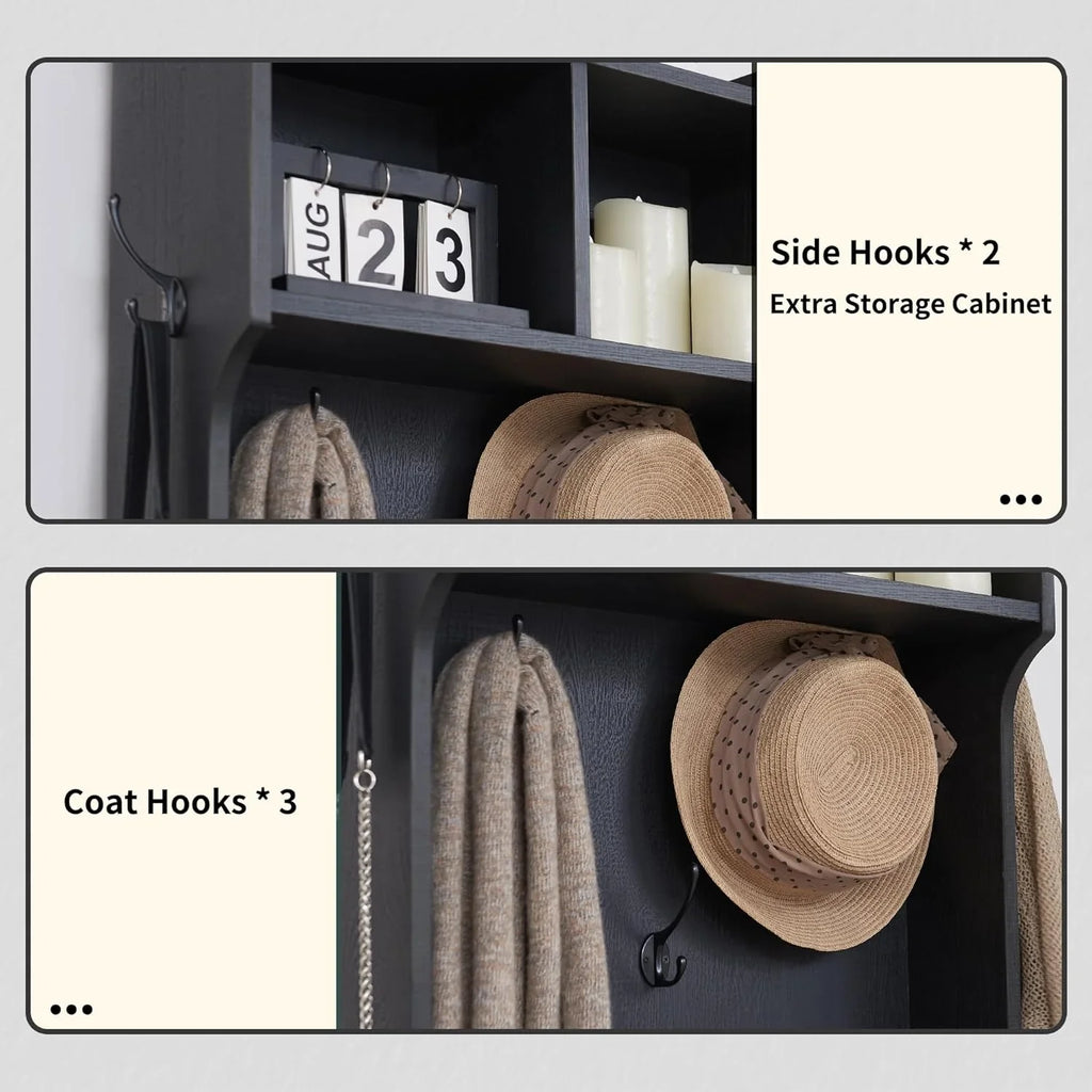 JXQTLINGMU Arbre de foyer de ferme de 59 pouces avec rangement pour chaussures, banc d'entrée, porte-manteau, armoire