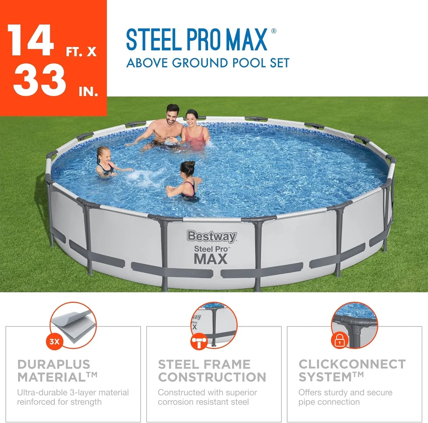 Kit de piscine hors sol extérieure à cadre métallique rond Steel Pro MAX 10' x 30'