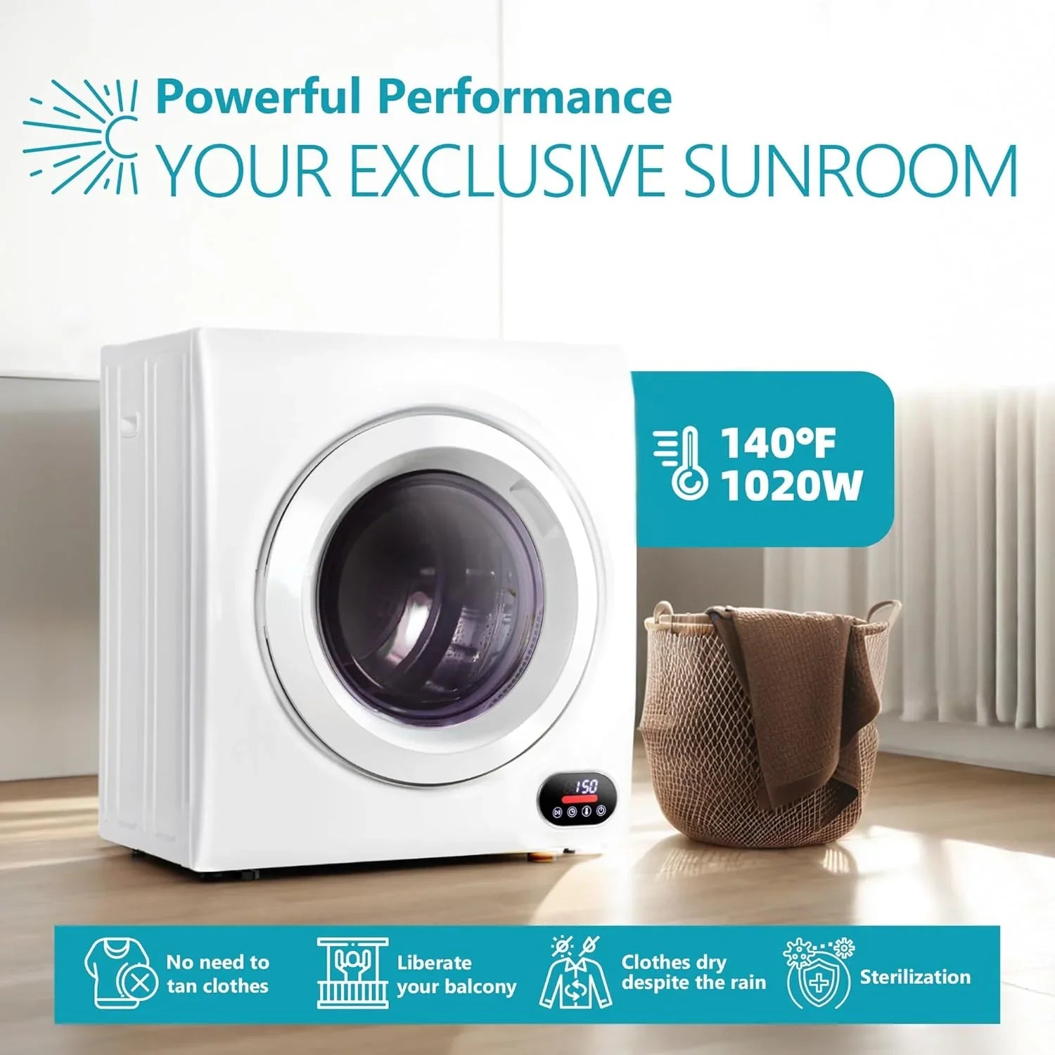 Sèche-linge compact, 3,5 pieds cubes, chargement frontal, acier inoxydable, avec tuyau d'évacuation, 1500 watts, panneau de commande LCD, sèche-linge portable à quatre fonctions