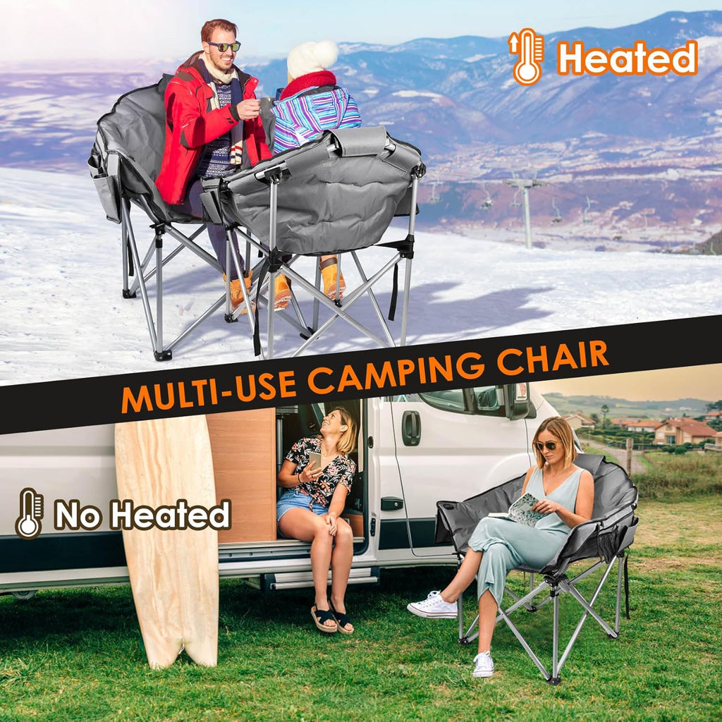 Chaise de camping chauffante, chaise de sport d'extérieur extra large avec 3 niveaux de chaleur sur le dossier et l'assise, chaise d'extérieur chauffante pliante portable (piles non incluses)